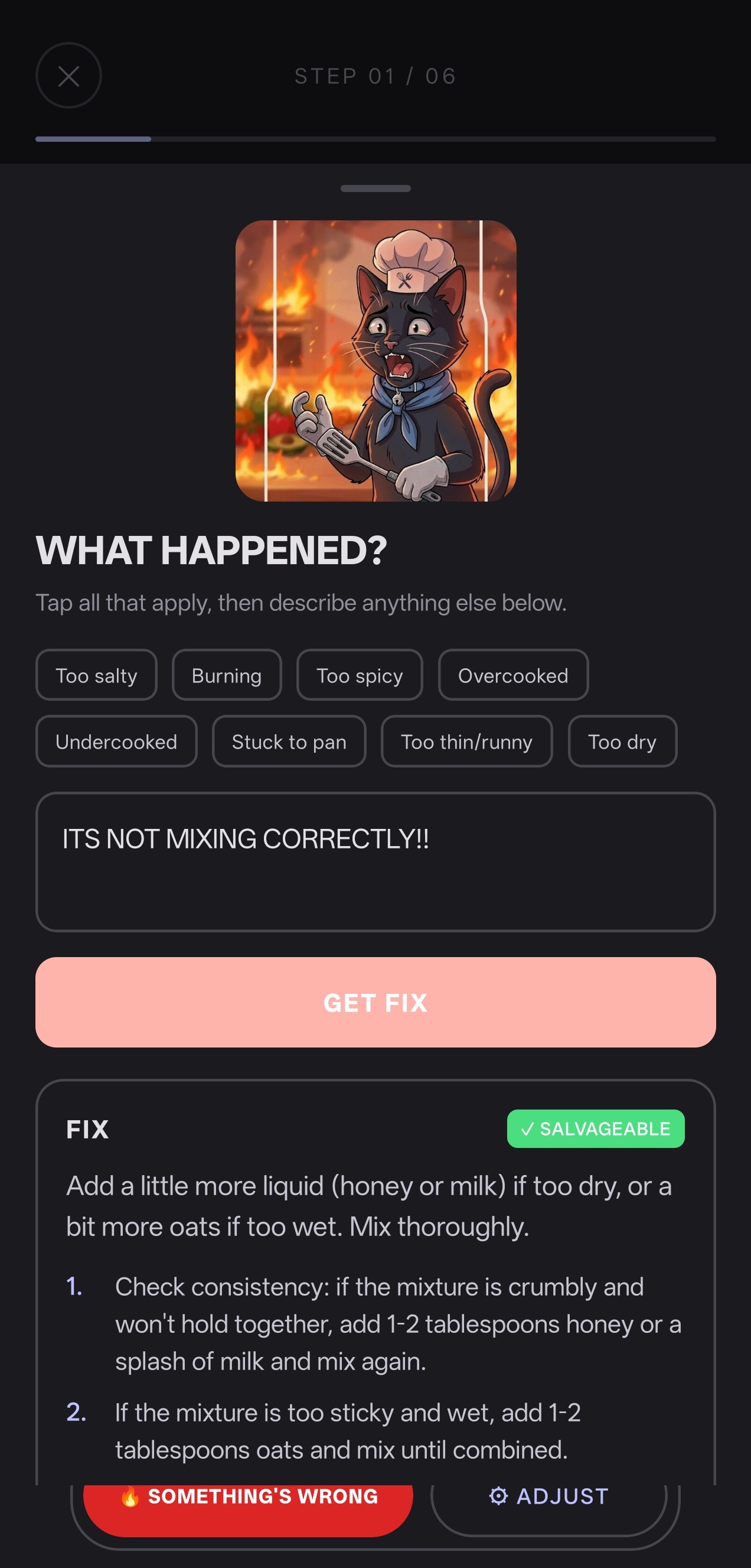Terry troubleshooting screen with panicked cat mascot and fix suggestions