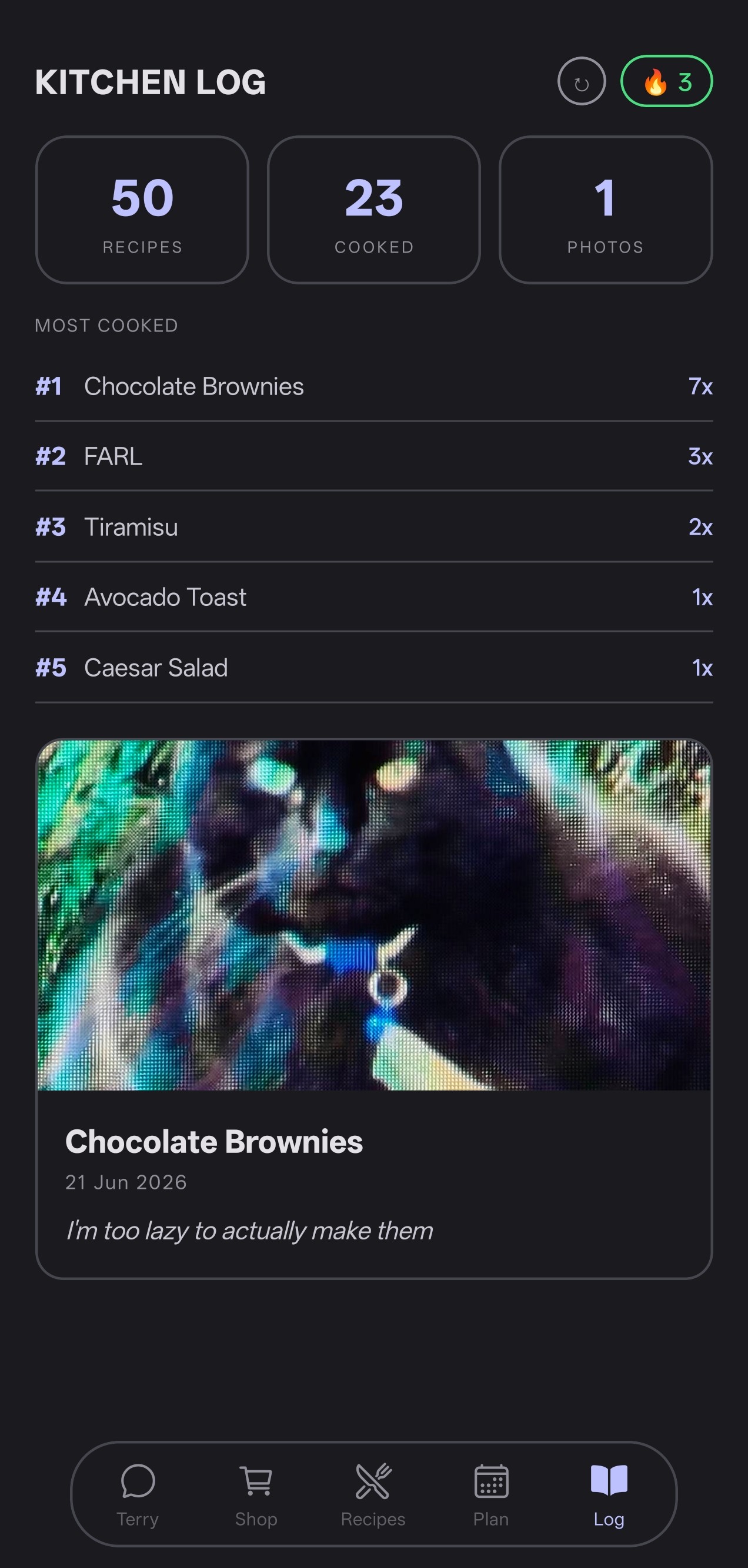 Kitchen log showing cooking stats, most cooked recipes, and activity feed