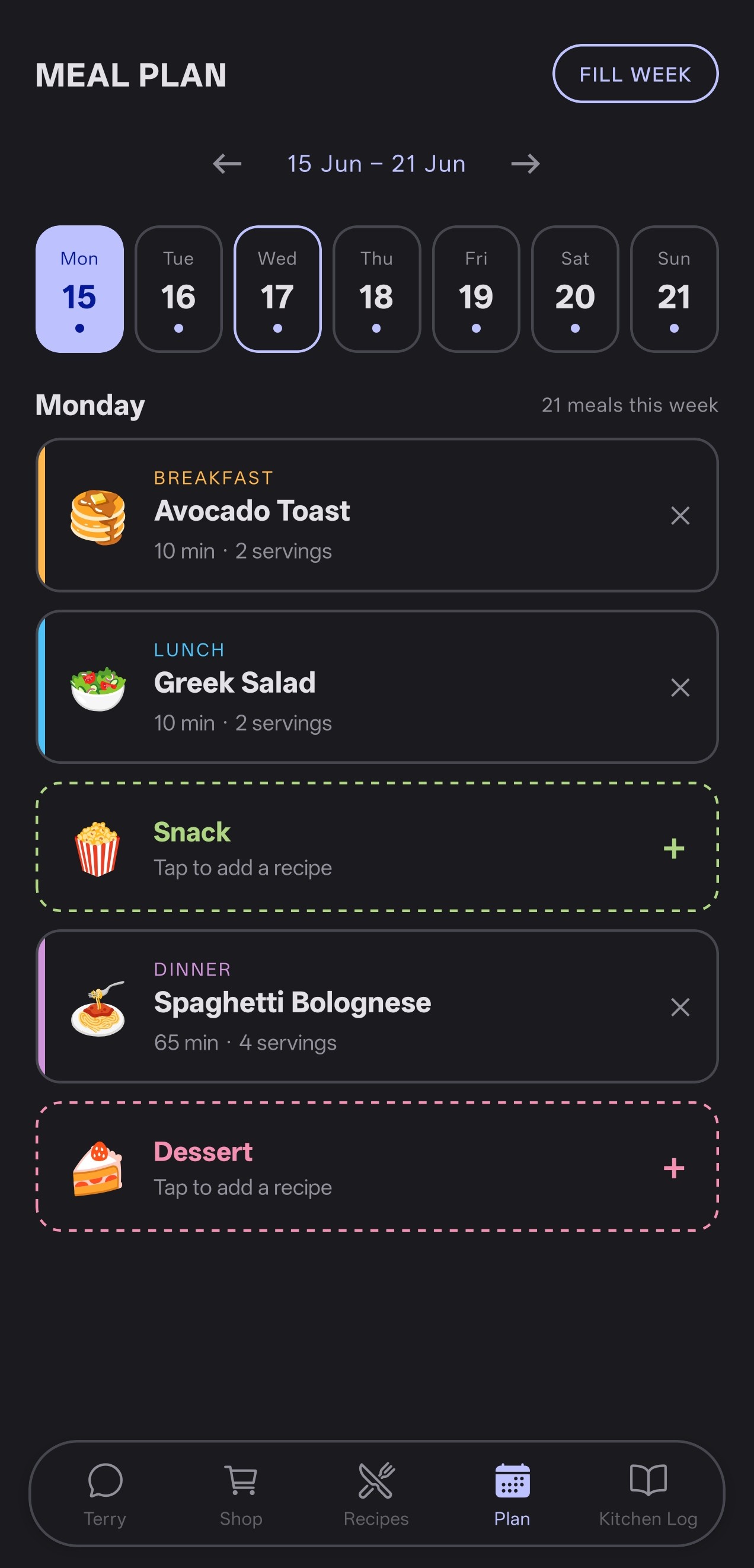 Weekly meal planner with breakfast, lunch, dinner slots and Fill Week button