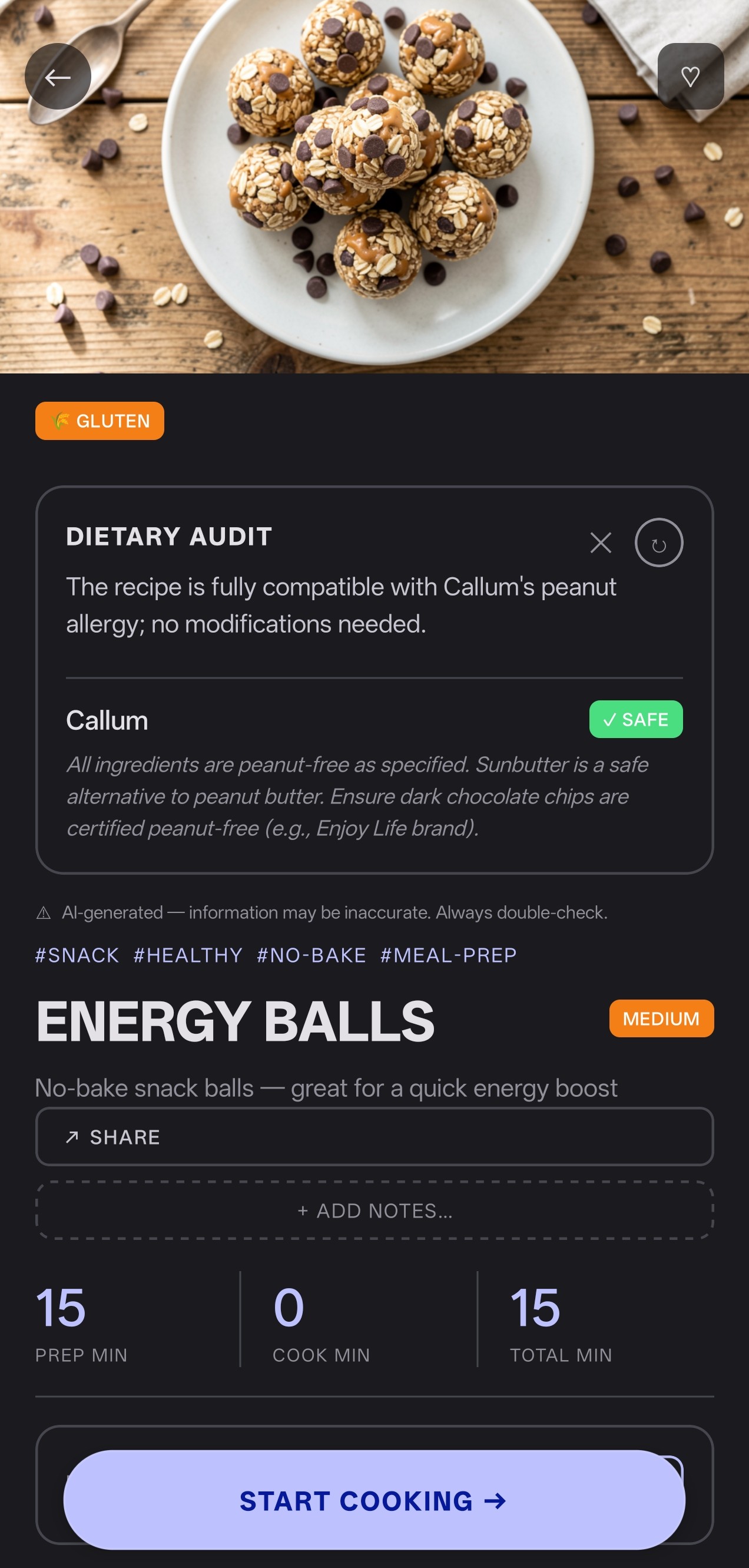 Recipe detail view showing Energy Balls with dietary audit, tags, timing, and Start Cooking button