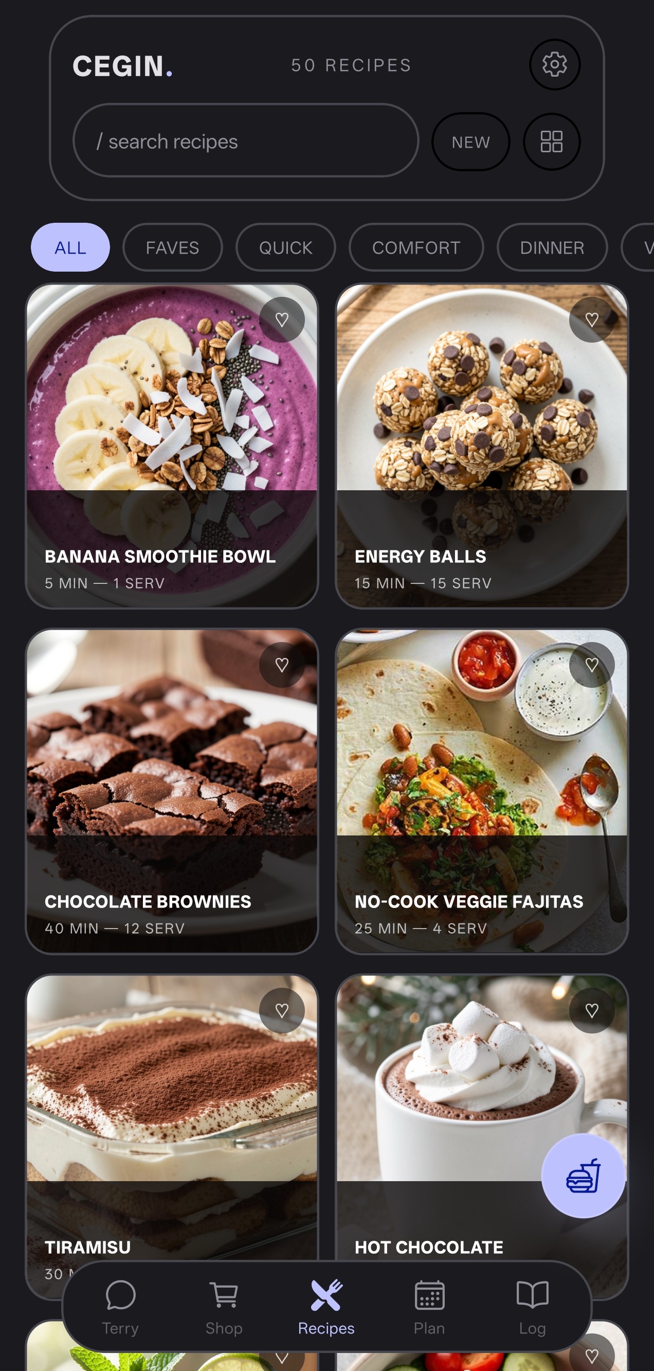 Cegin recipe library showing recipe cards with photos, search bar, and category filters