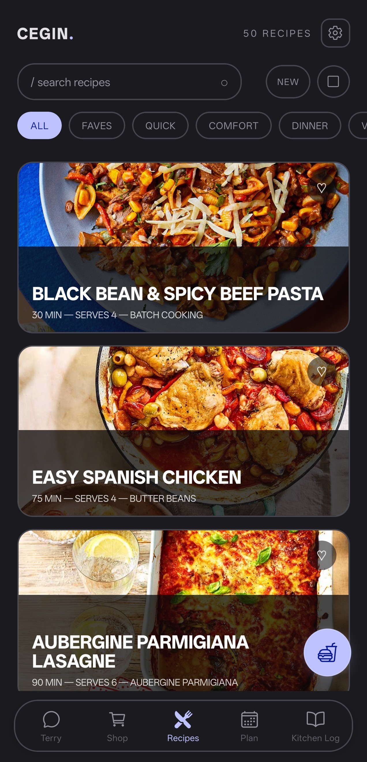 Cegin recipe library showing pasta, chicken, and lasagne cards with search and filter tabs