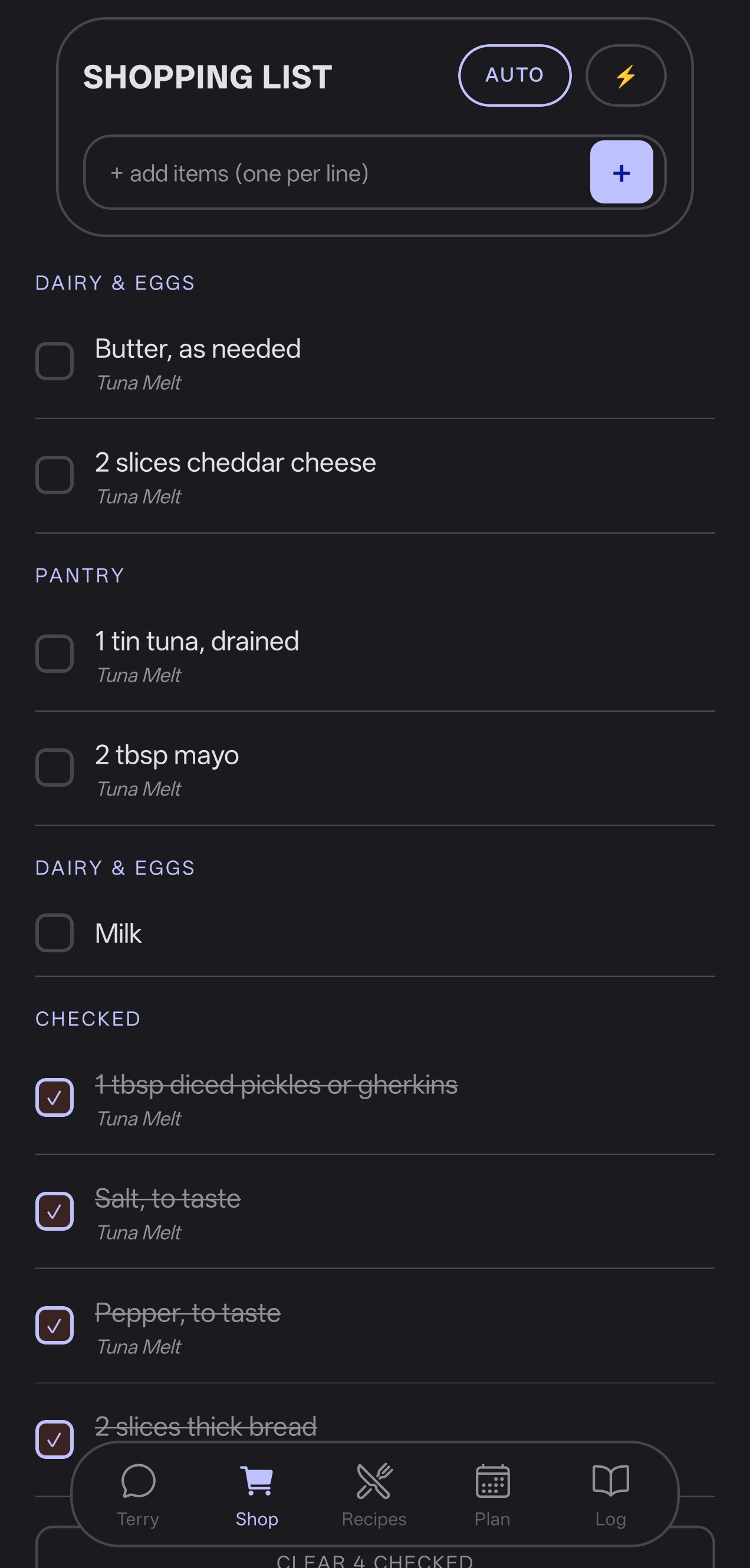Categorized shopping list with grocery sections and recipe tags