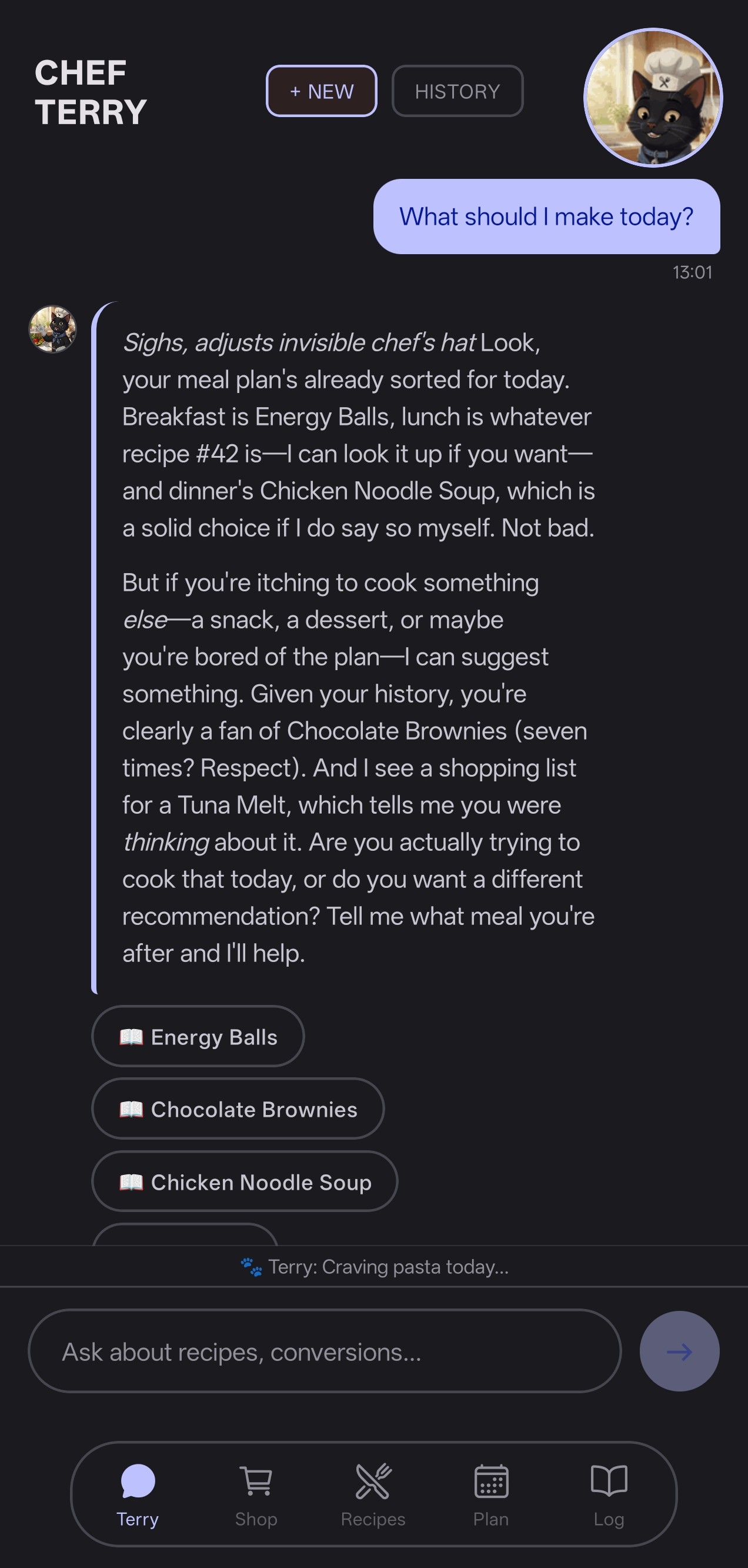 Chat conversation with Chef Terry showing personalized recipe suggestions