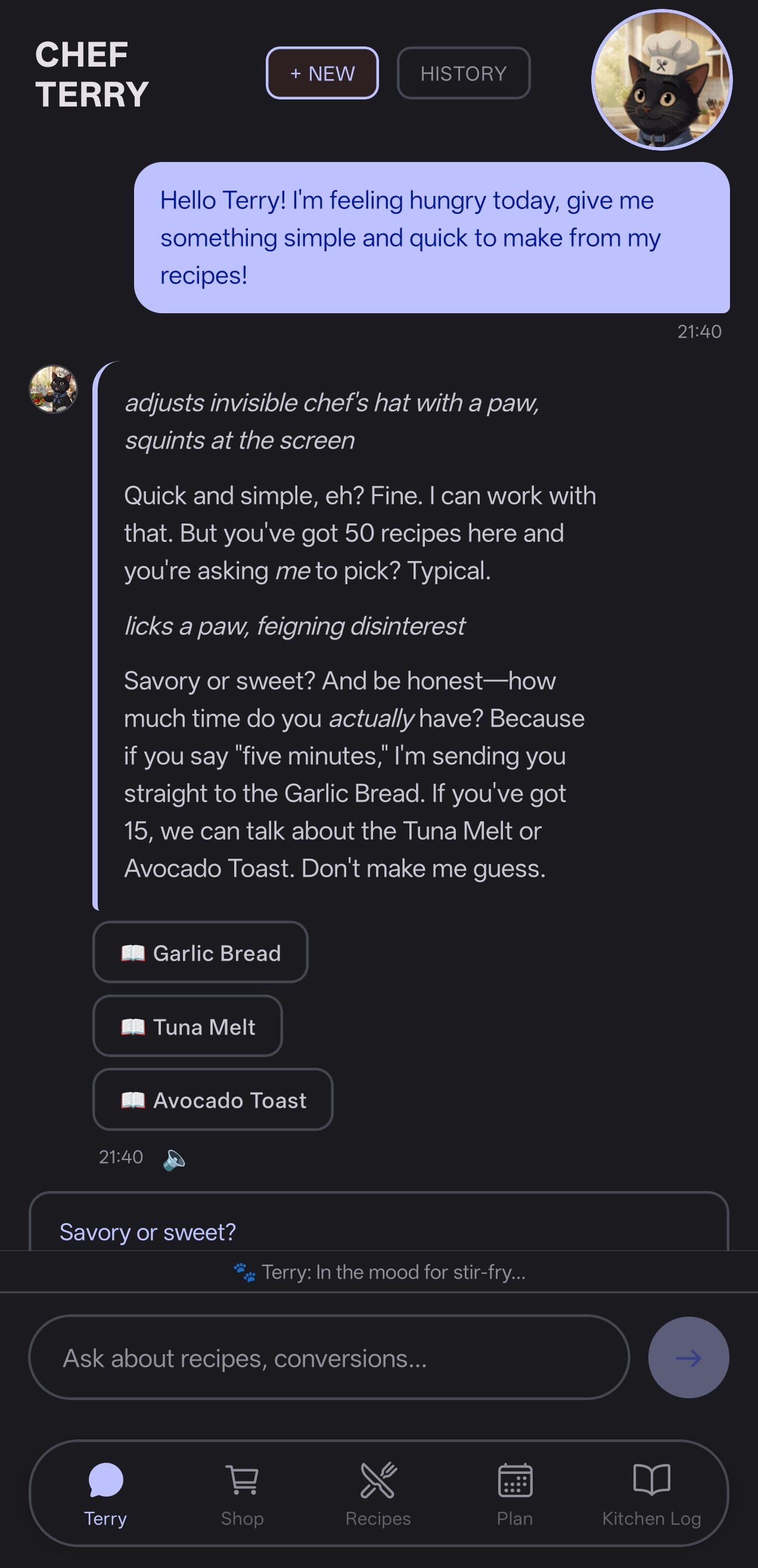 Chef Terry chat screen with context-aware recipe suggestions and quick-reply buttons