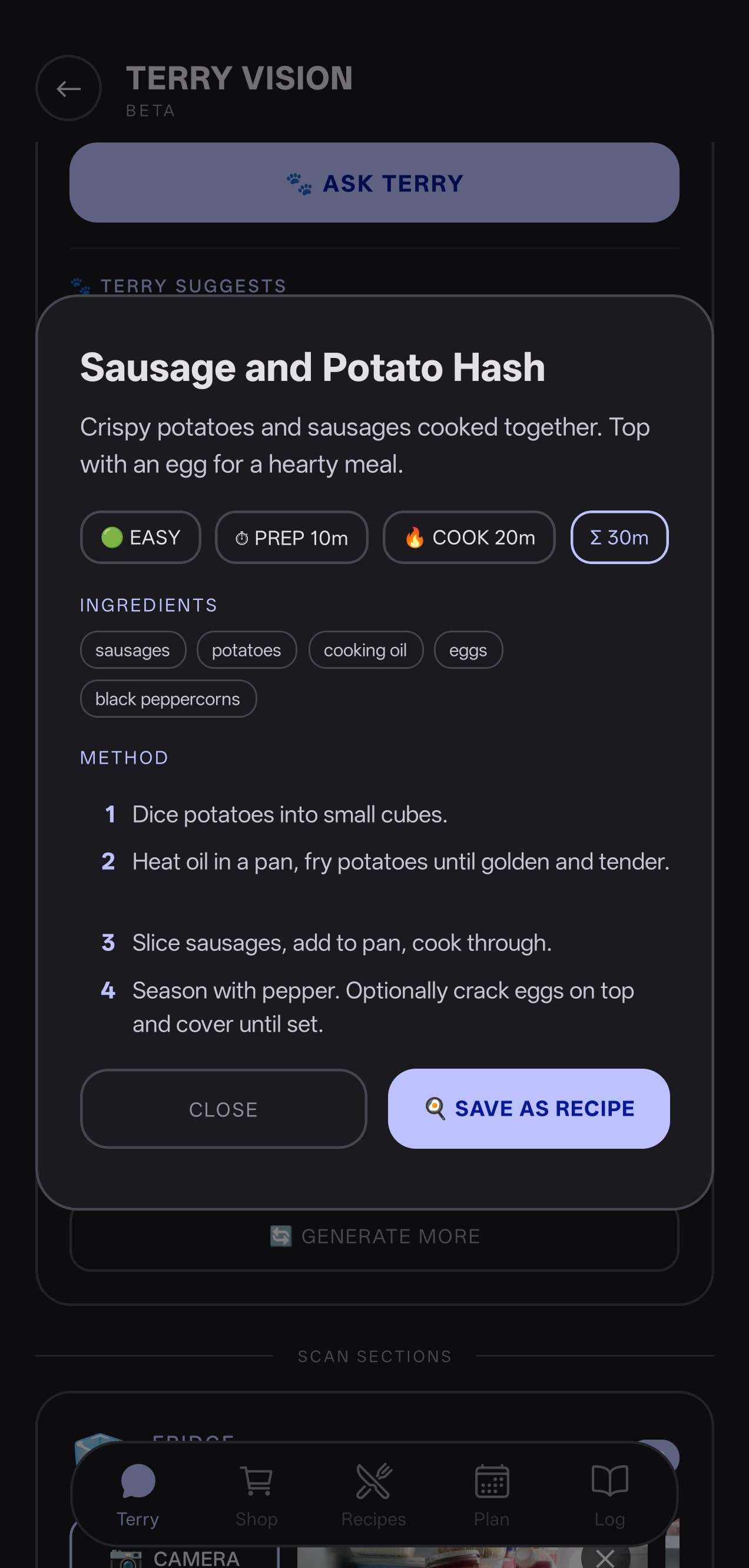 AI-generated recipe from scanned ingredients with save option